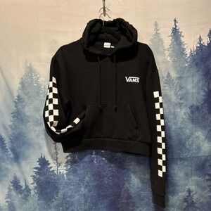 VANS Cropped Hoodie Women's Small Black Pullover White Graphic Long Sleeve GUC
